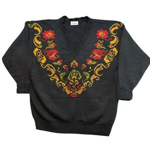 Vintage Keren Black Gold Red Floral V Neck Sweater Size XL